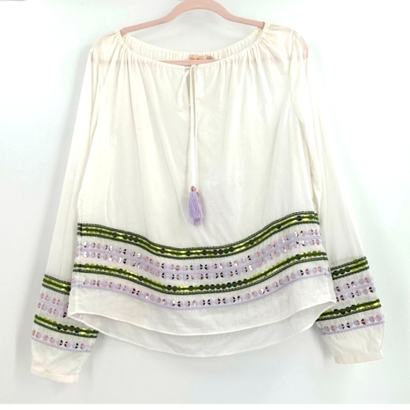 Tory Burch White Tunic with Lavendar and Green Sequin Embroidery. - Picture 4 of 15